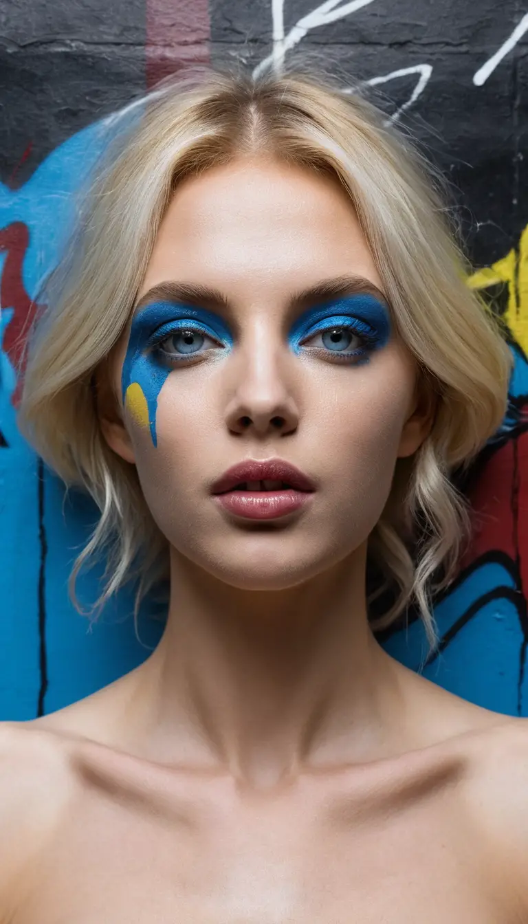 Blonde anime girl posing in shiny yellow and blue outfit