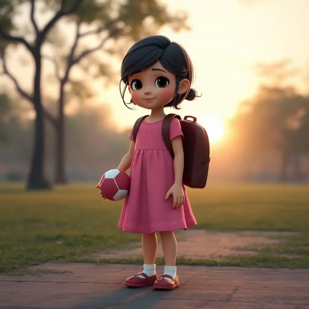 Young girl in pink dress holding ball at sunset