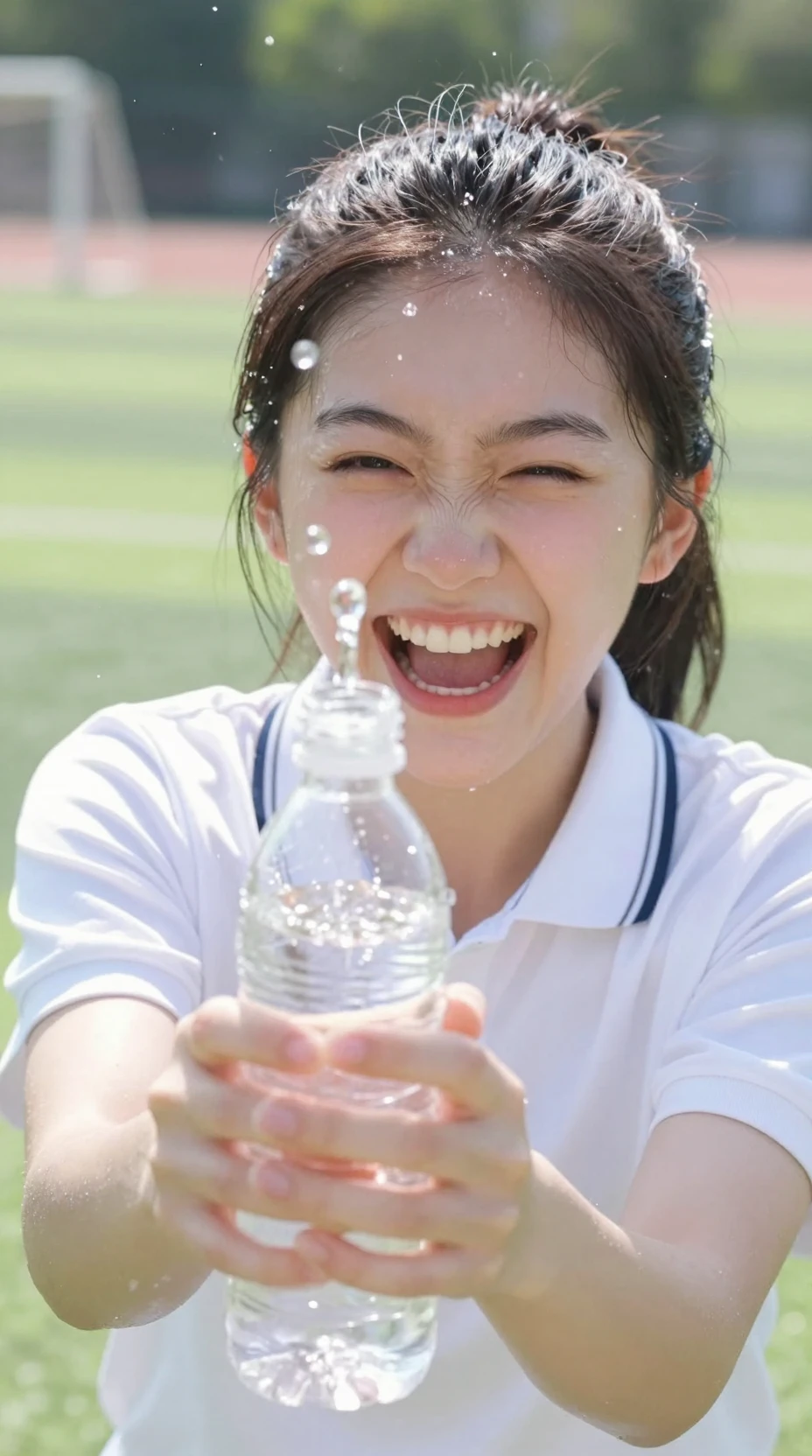 Ragazza che ride mentre spruzza acqua verso l’obiettivo della fotocamera