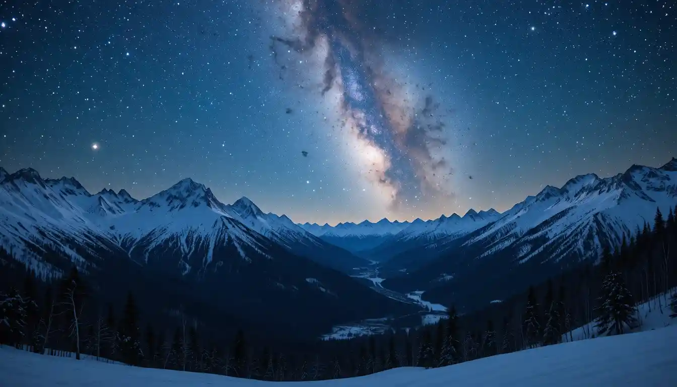 Snowy mountain peaks beneath a bright starry milky way sky