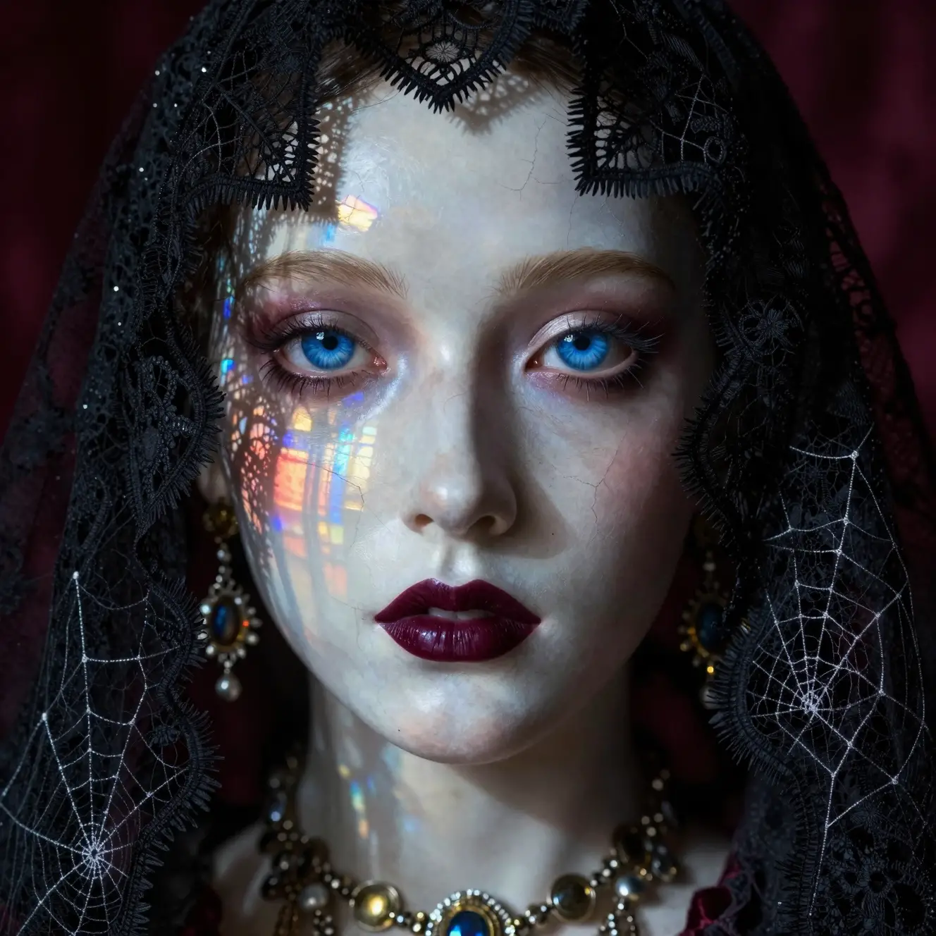 Haunting gothic woman behind black lace in stained glass light