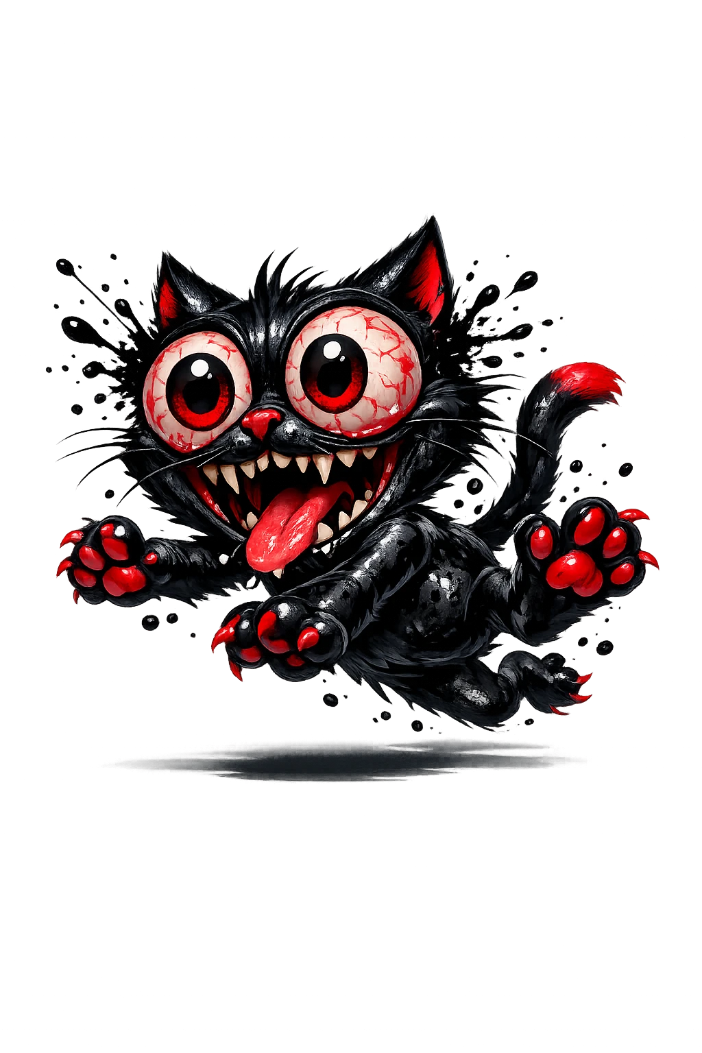 Gato caricaturesco maníaco con ojos saltones inyectados en sangre y sonrisa desquiciada
