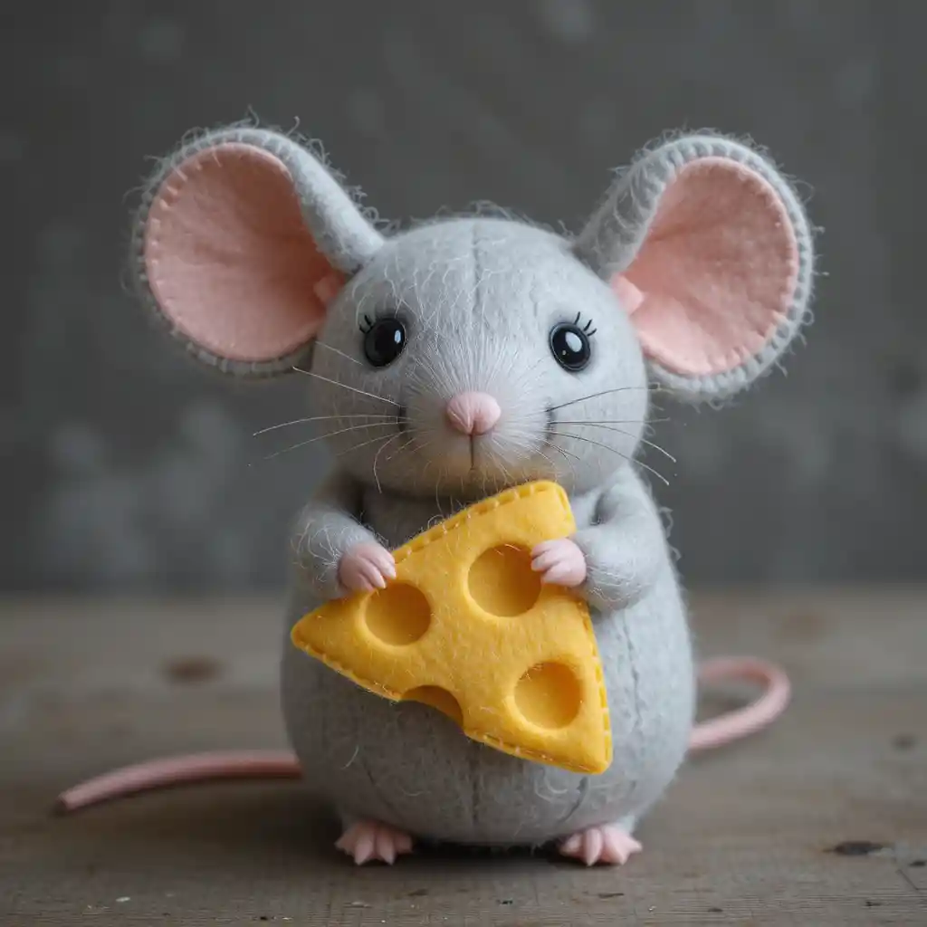Dolce topolino di feltro che abbraccia una fetta di formaggio giallo