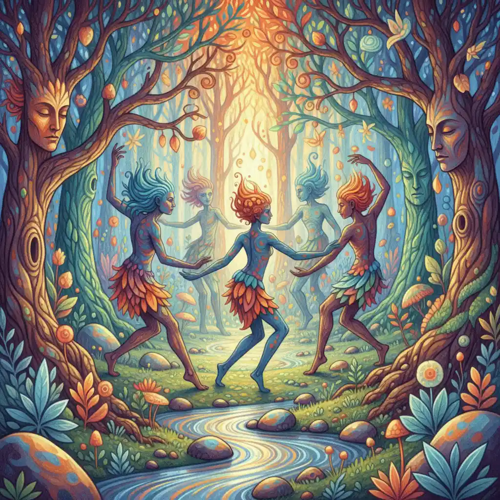 Proto human figures dancing in a glowing fantasy forest