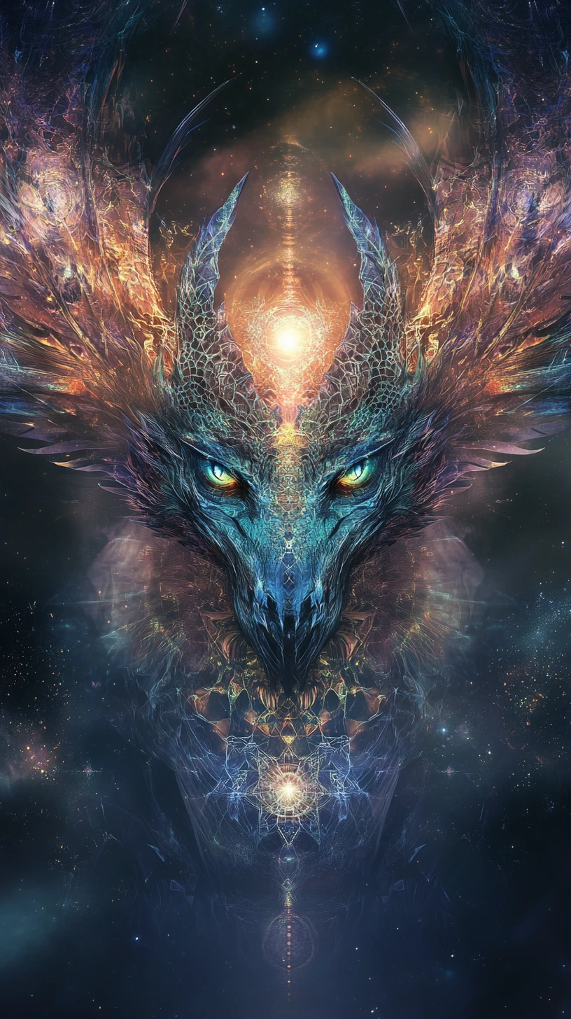 Surrealer kosmischer Drache aus sich wandelnden geometrischen Mustern