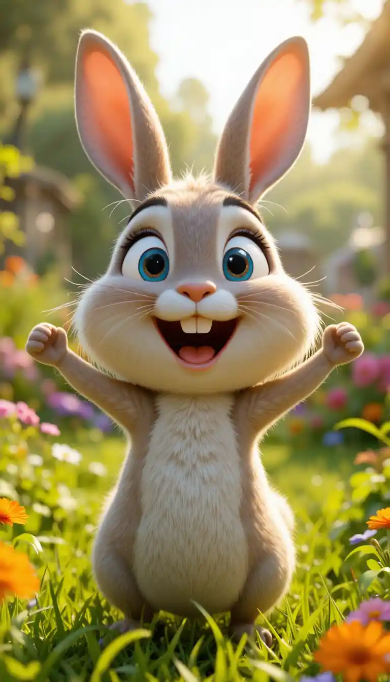 Joyful 3D rabbit character in a sunny garden
