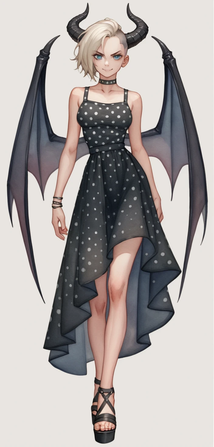 Gehörnte Fantasy-Frau im Polka-Dot-Kleid mit Fledermausflügeln