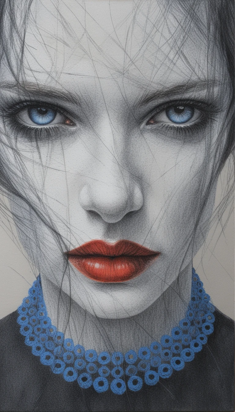 Minimalist pencil portrait of a woman with vivid blue eyes