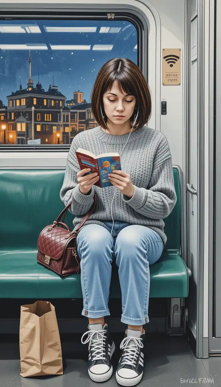Jeune femme lisant seule dans le métro russe