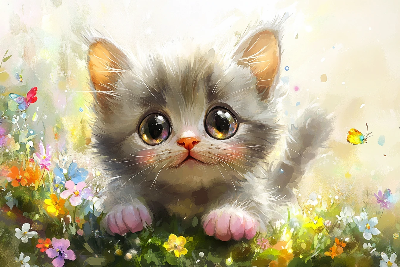 Gatinho fofinho em campo de flores silvestres – arte em aquarela