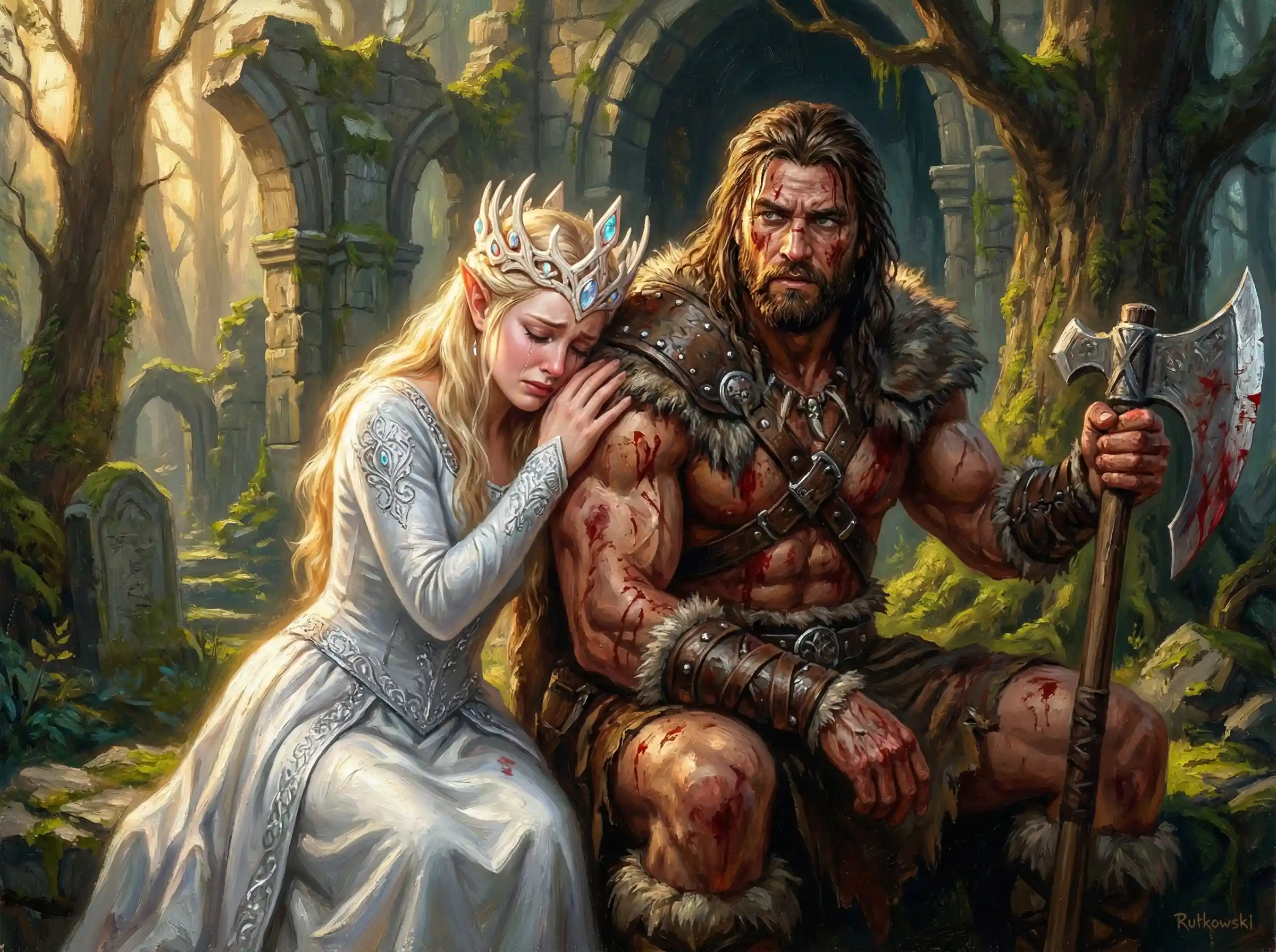 Elven princess weeping in the arms of a wounded warrior