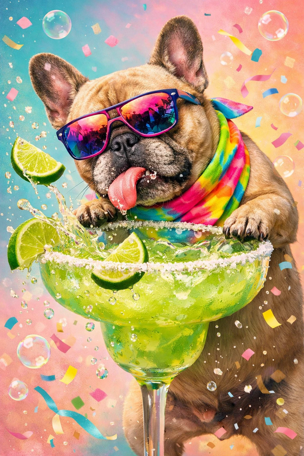 Bulldog francese che lecca un bicchiere di margarita in un caos giocoso