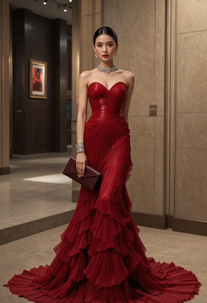Femme élégante en robe de soirée rouge dans une galerie d’art