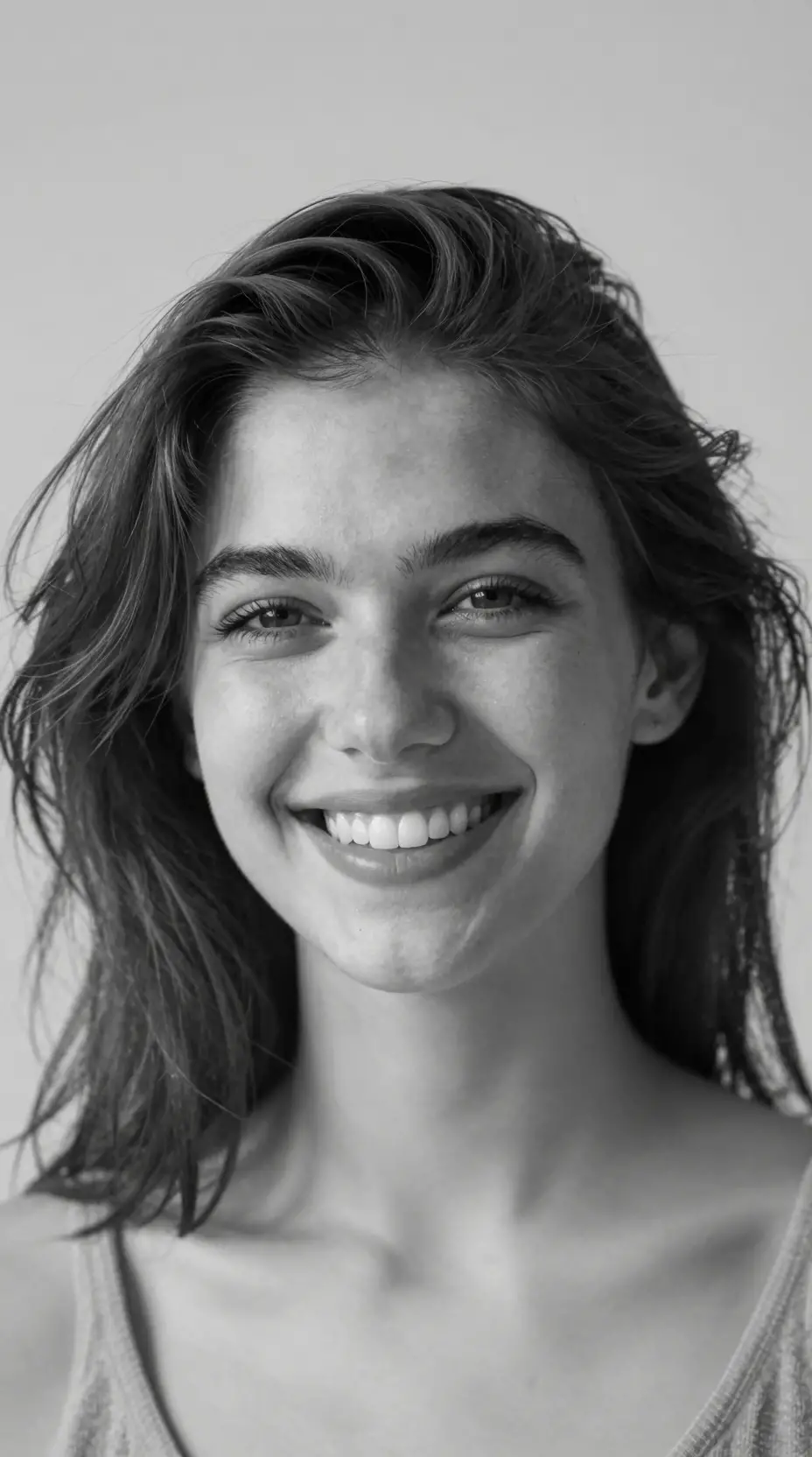 Ritratto in bianco e nero ravvicinato con sorriso radioso