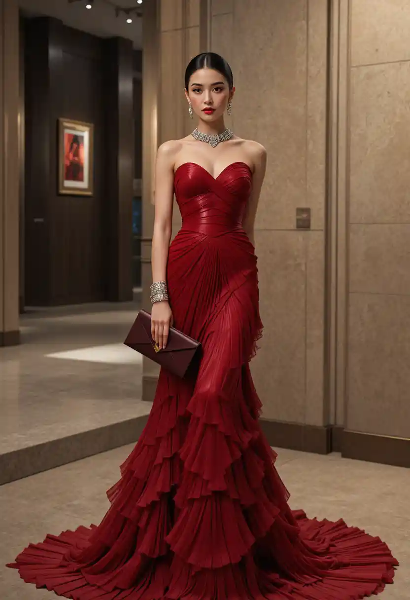 Elegant woman in red evening gown in art gallery