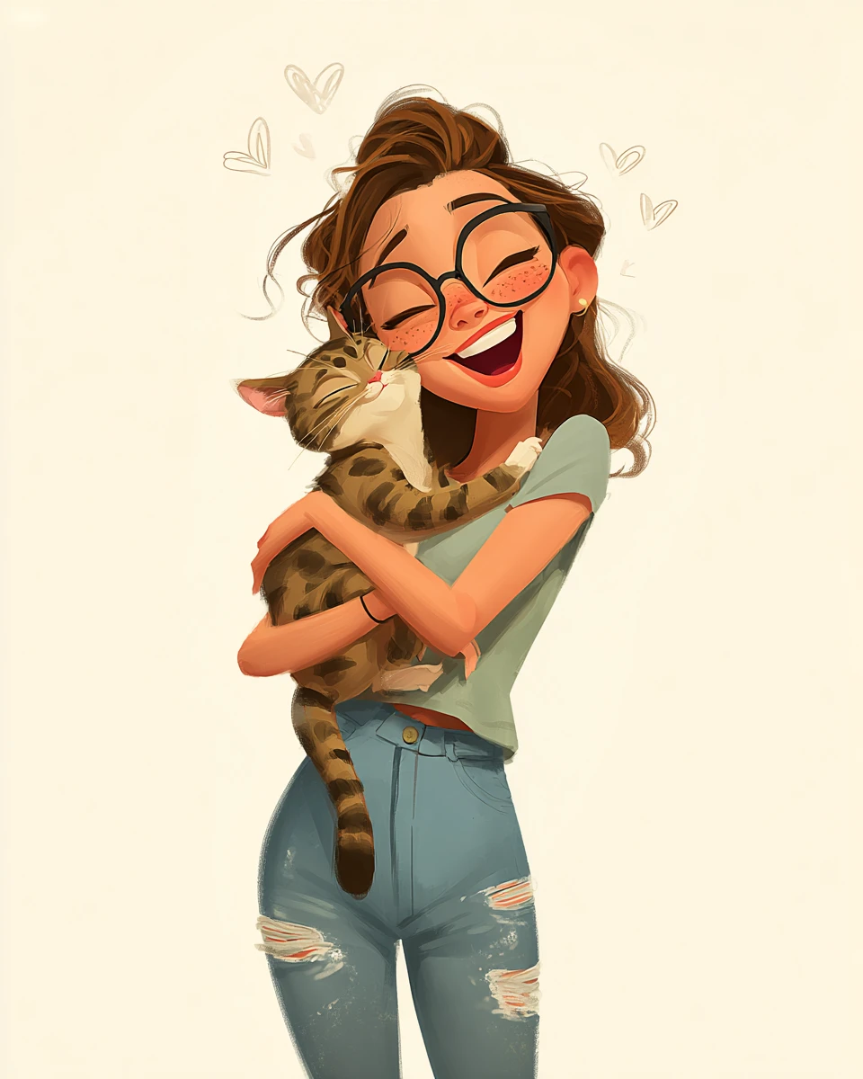 Jovem feliz abraçando um gato tigrado com corações