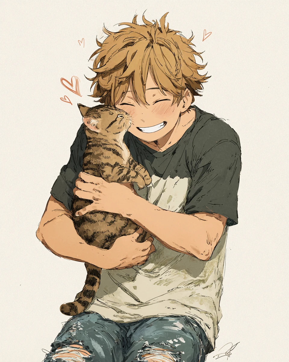 Hombre de anime alegre abrazando a un gato atigrado sobre fondo blanco