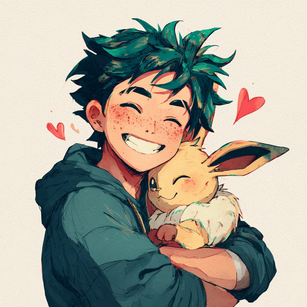 Ragazzo anime che abbraccia Espeon in una scena gioiosa su sfondo bianco