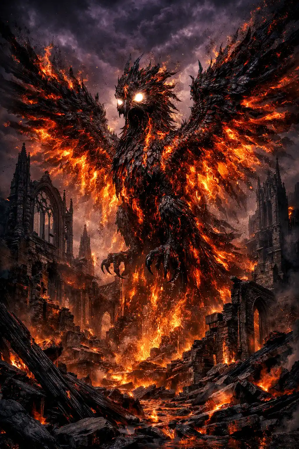 Ancient magma phoenix rising over ruined gothic cathedral