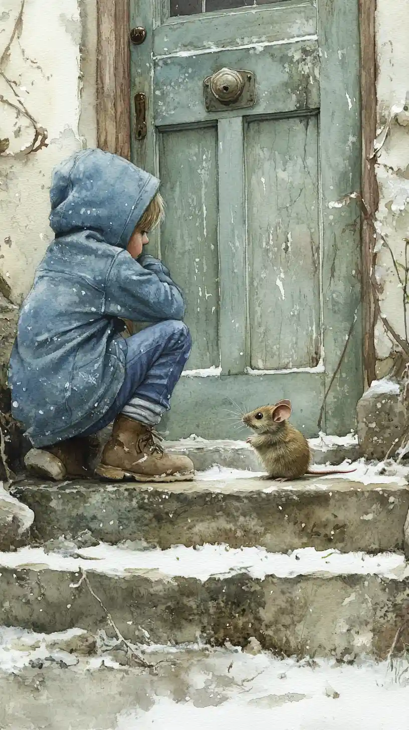 Child on snowy stone steps watching a tiny mouse