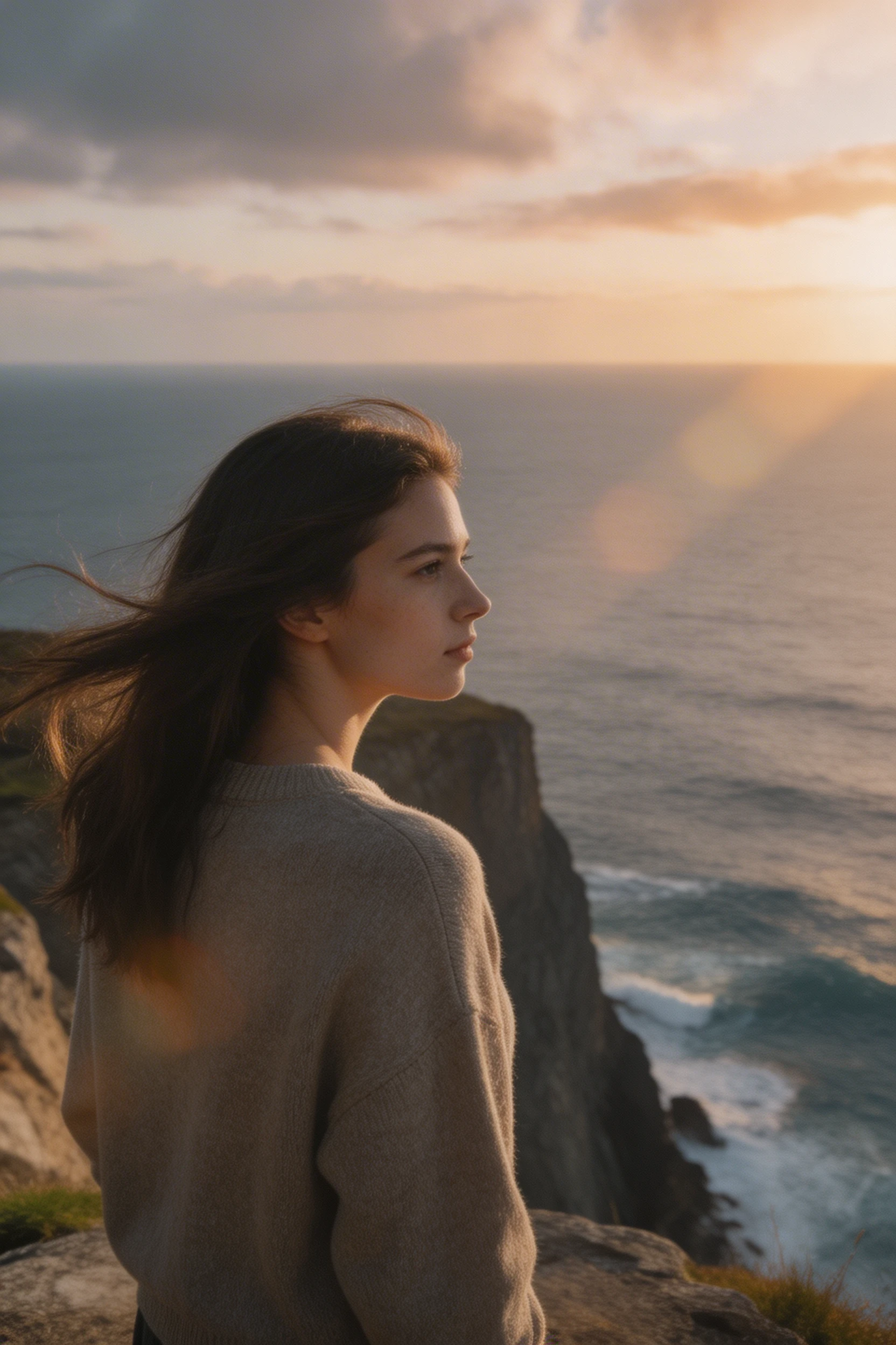 Young woman on a high sea cliff in cinematic light