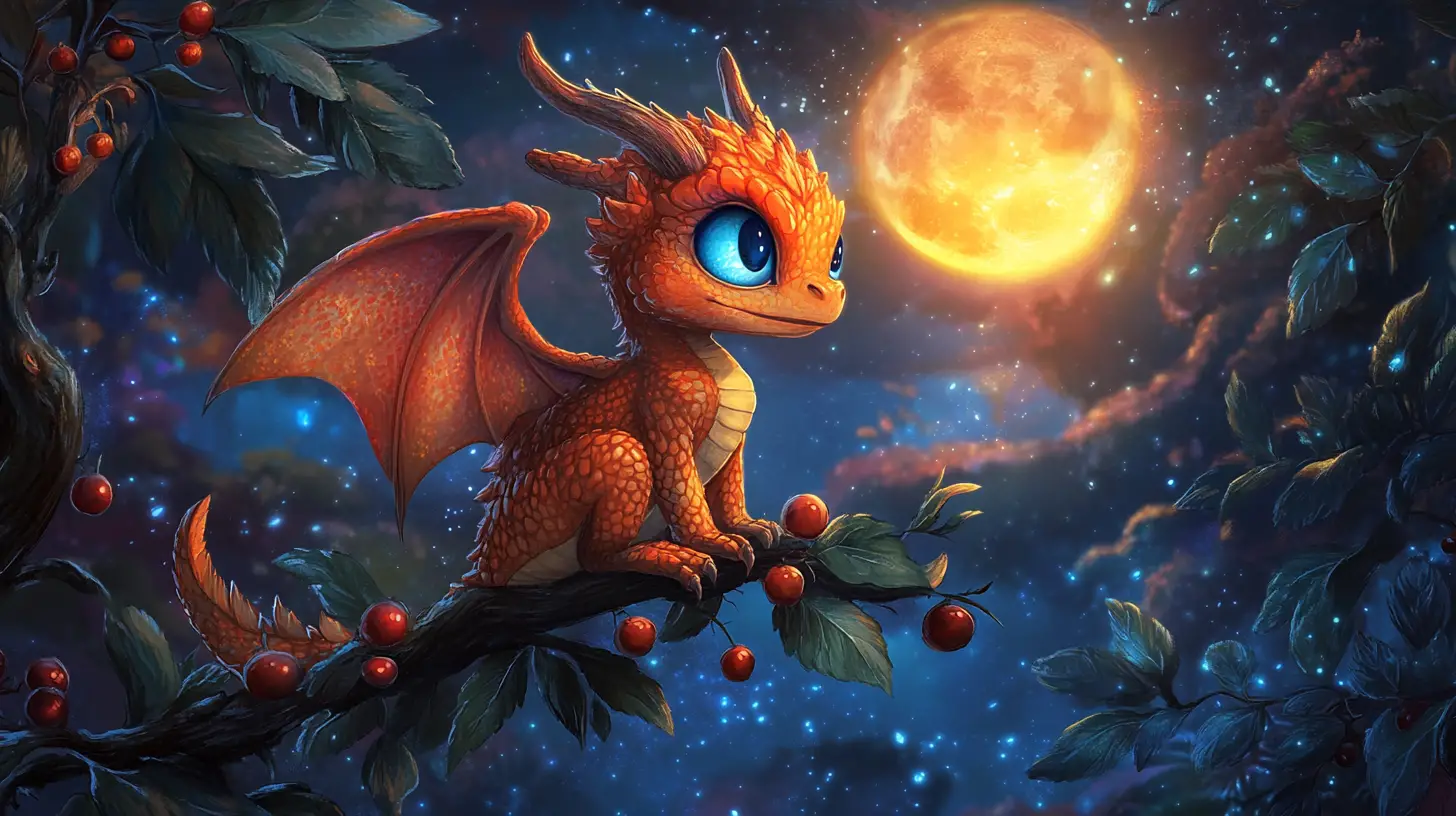 Dolce cucciolo di drago su ramo di bacche sotto la luna luminosa