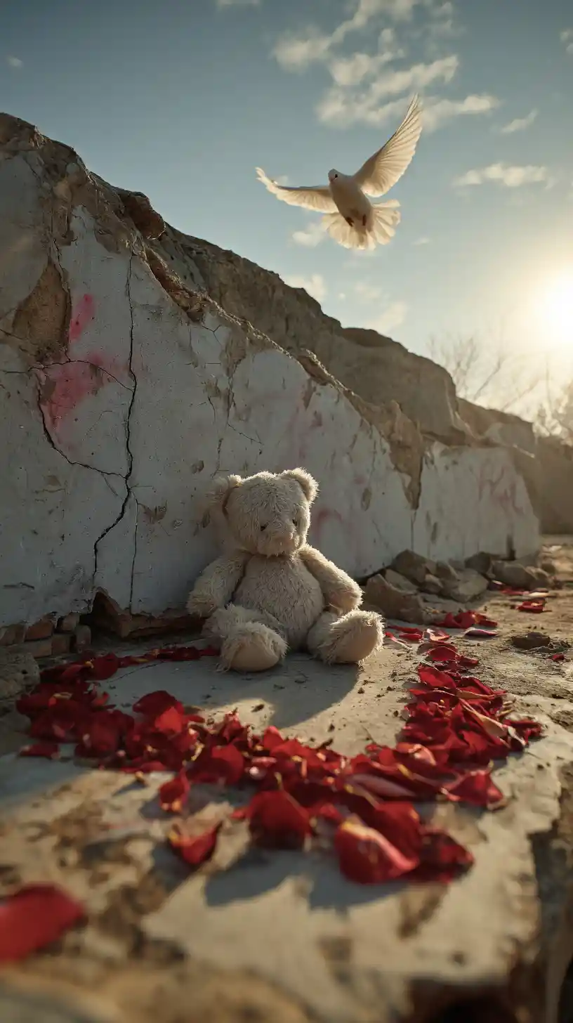 Teddybär in Rosenblättern unter rissiger Betonwand