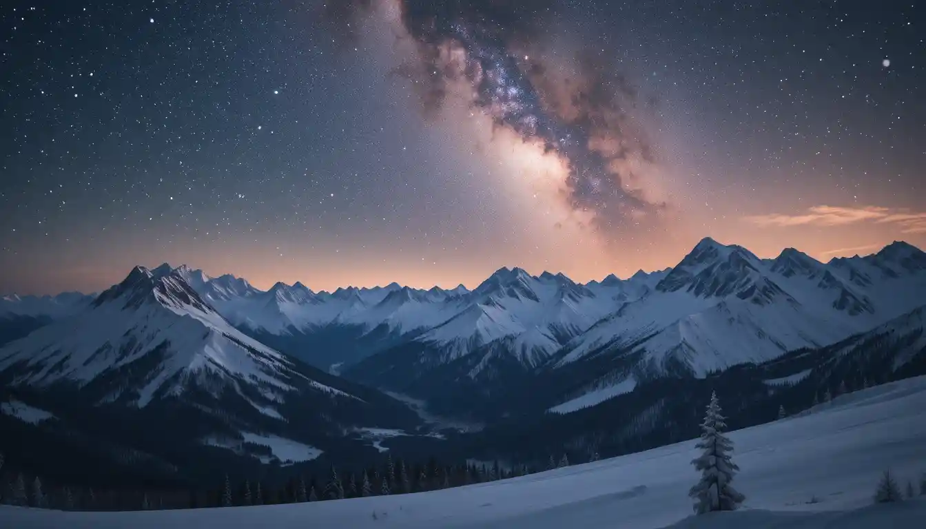 Snowy mountains beneath a star filled sky and Milky Way