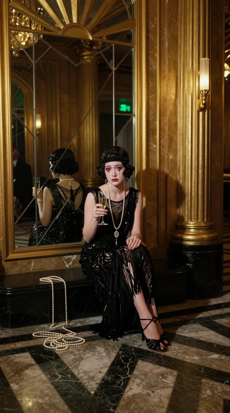 Femme élégante pleurant seule dans une grande salle de bal art déco