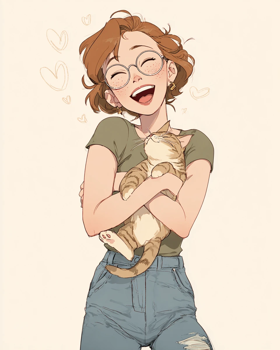 Garota alegre abraçando um gato tigrado com corações desenhados