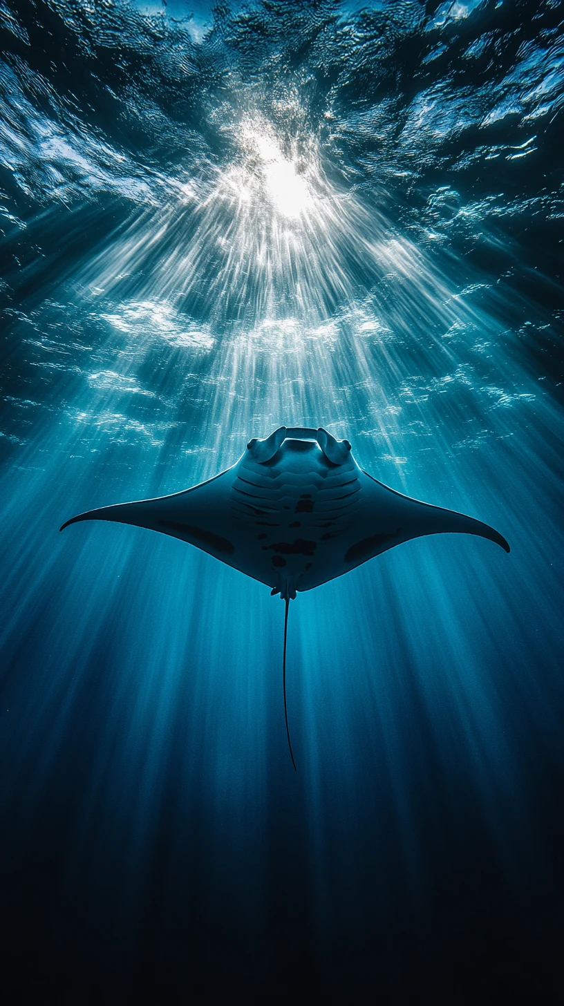 Massive manta ray gliding through golden sunbeams underwater