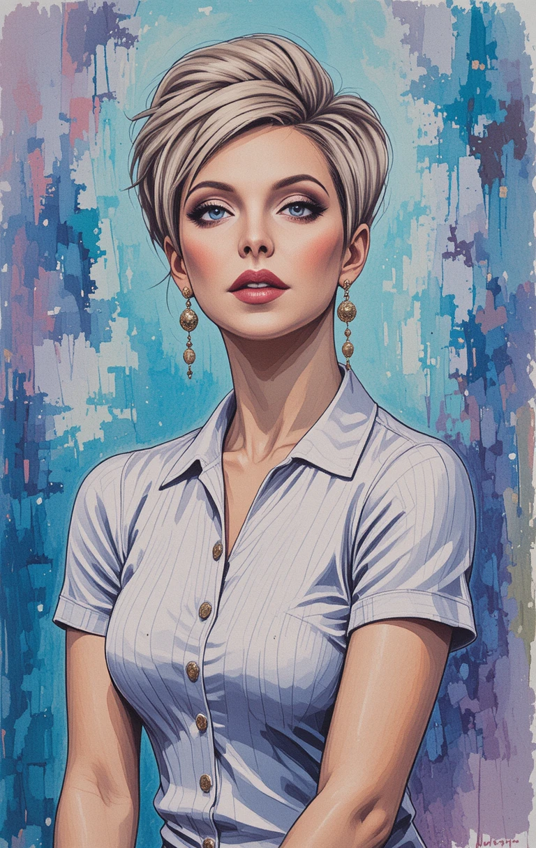 Retrato a lápis de cor de mulher glamourosa em roupa rosa