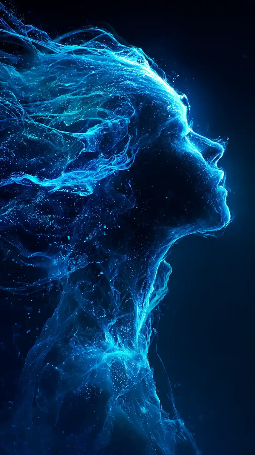 Ethereal neon woman profile formed by electric blue particles