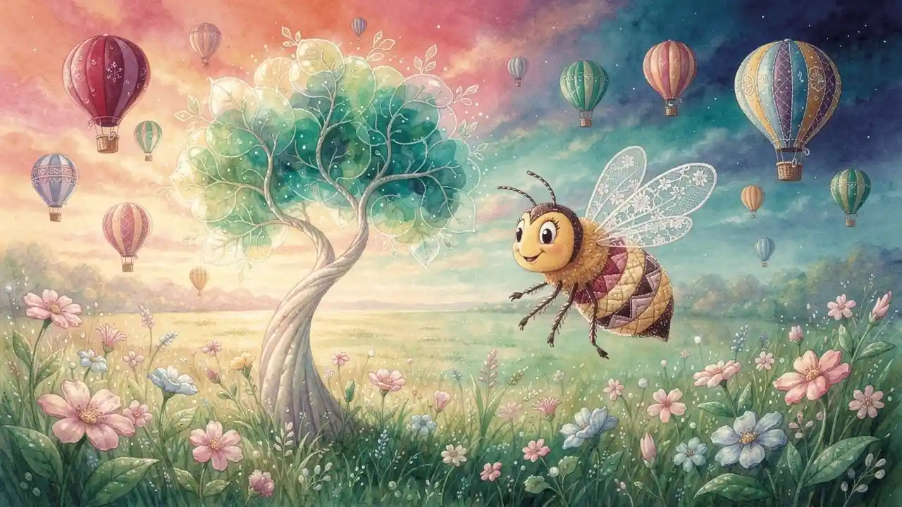 Smiling Quilted Bee Above A Lush Fantasy Meadow