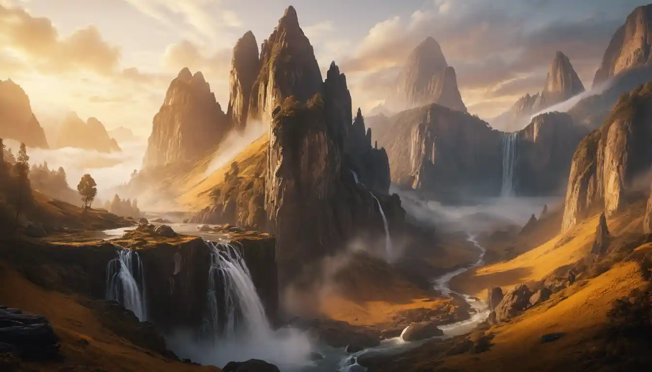 Vette montuose mistiche con cascate al tramonto ardente