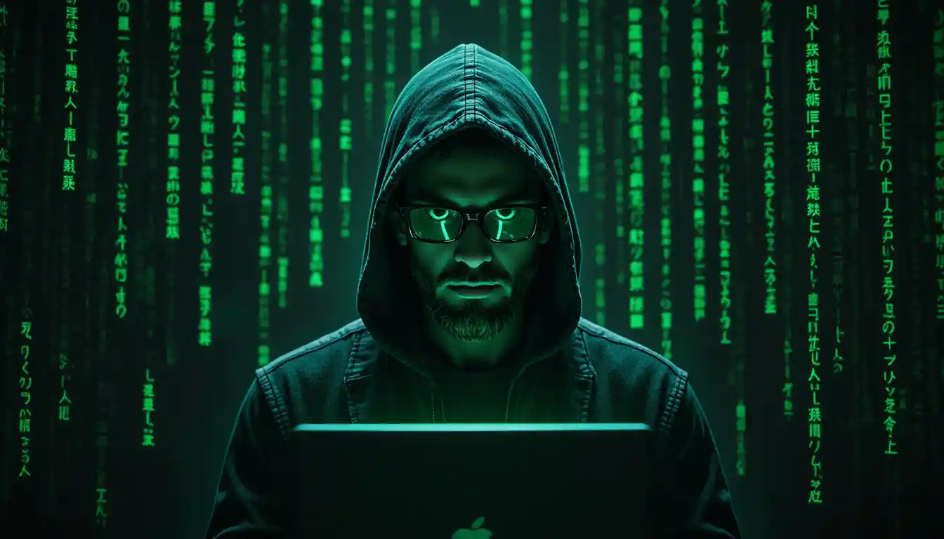 Hooded hacker with laptop in dark digital code rain