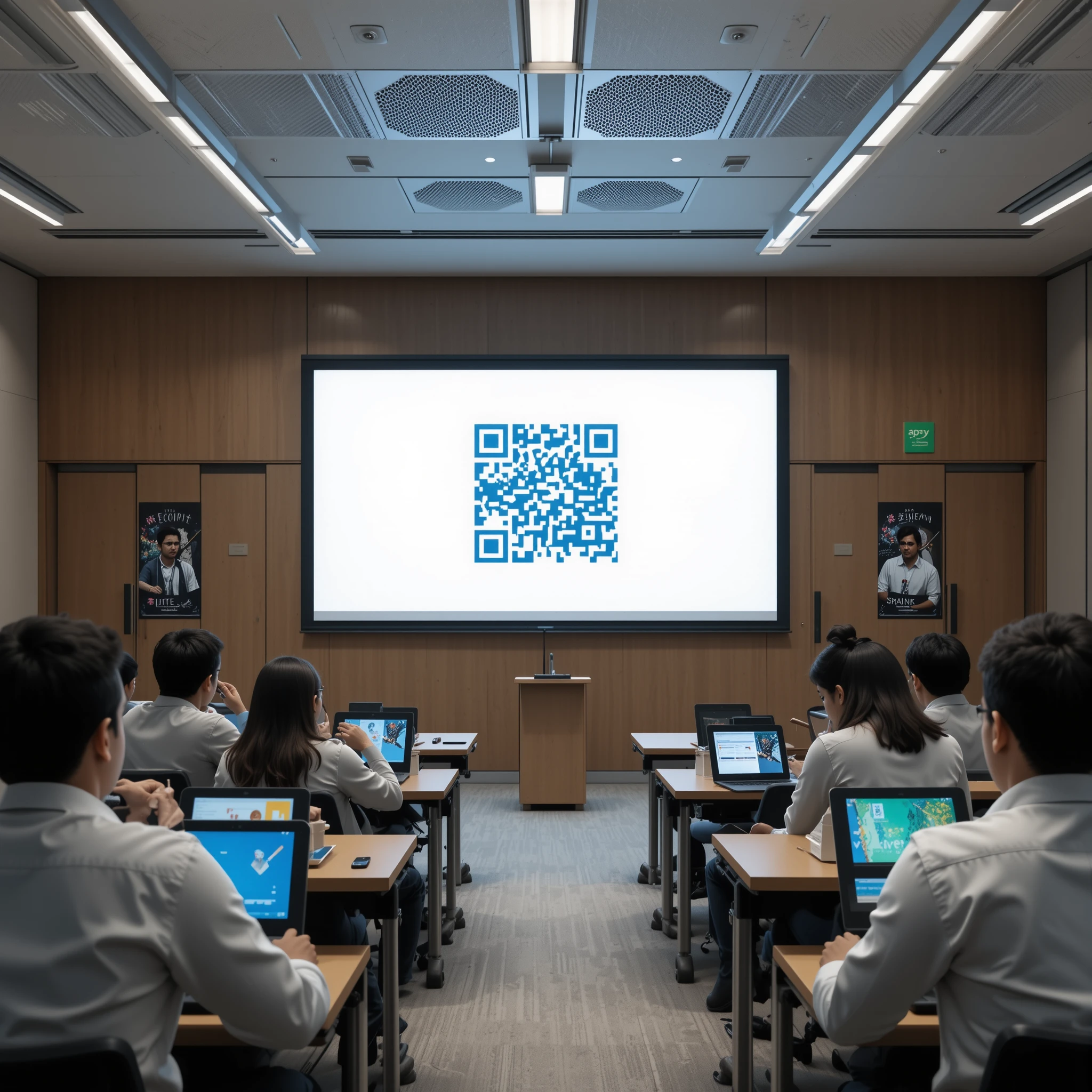 Aula moderna con studenti che usano insieme la tecnologia digitale