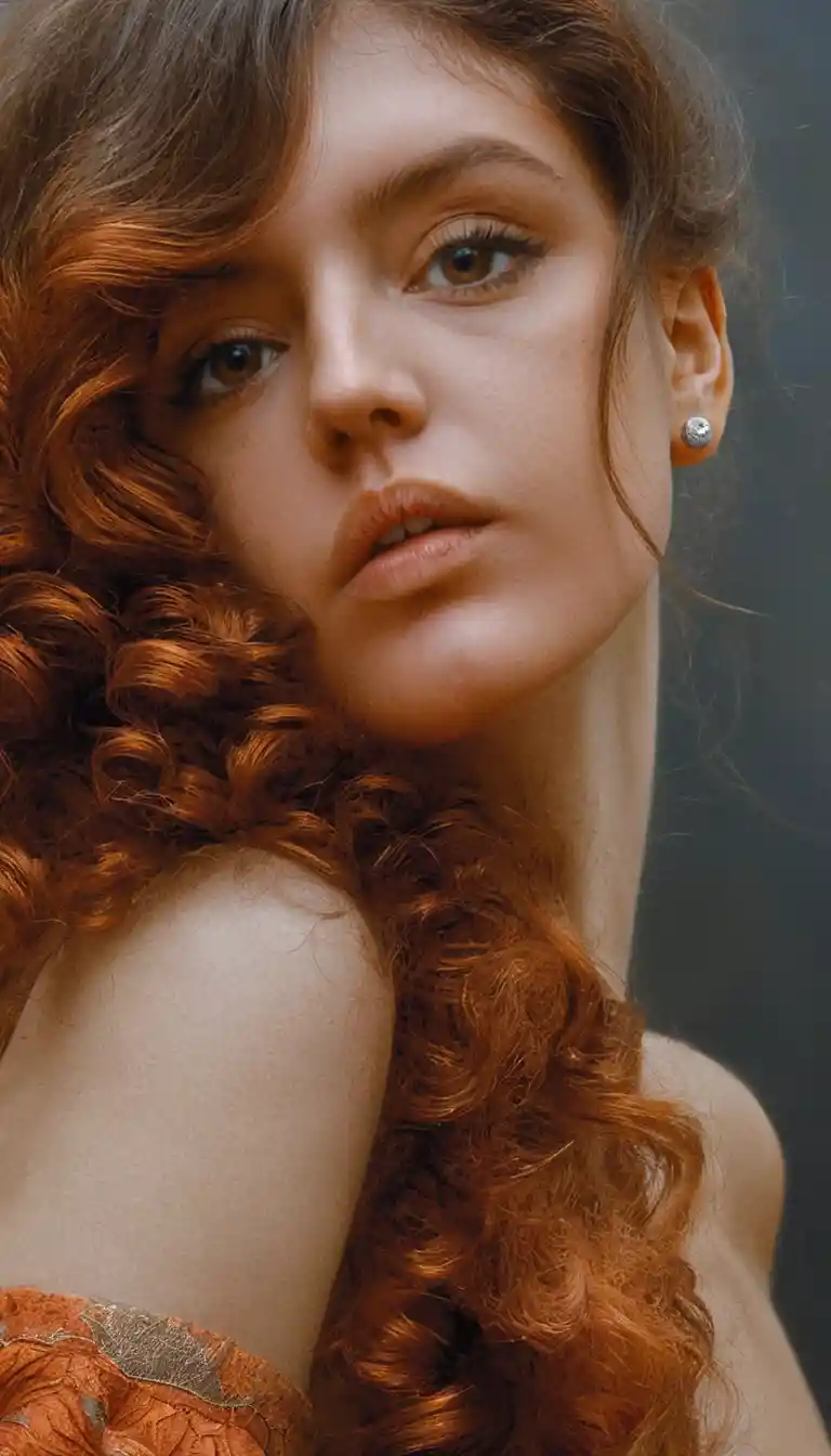 Color pencil portrait of freckled girl with curly auburn hair