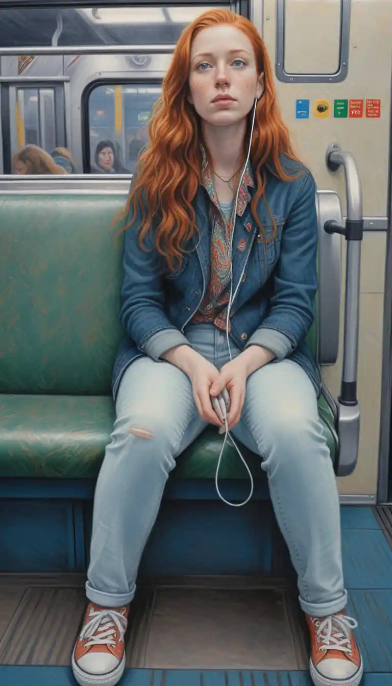 Giovane donna dai capelli color rame nella metropolitana di New York