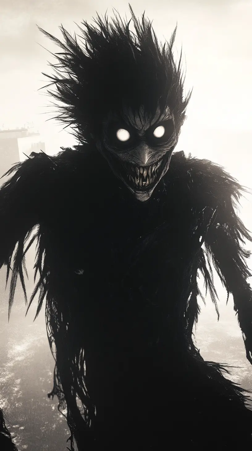 Monstre d’anime sinistre sous un ciel monochrome brumeux