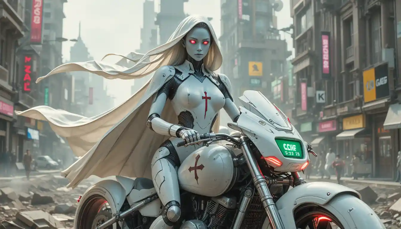 Templar inspired female robot riding a neon futuristic bike