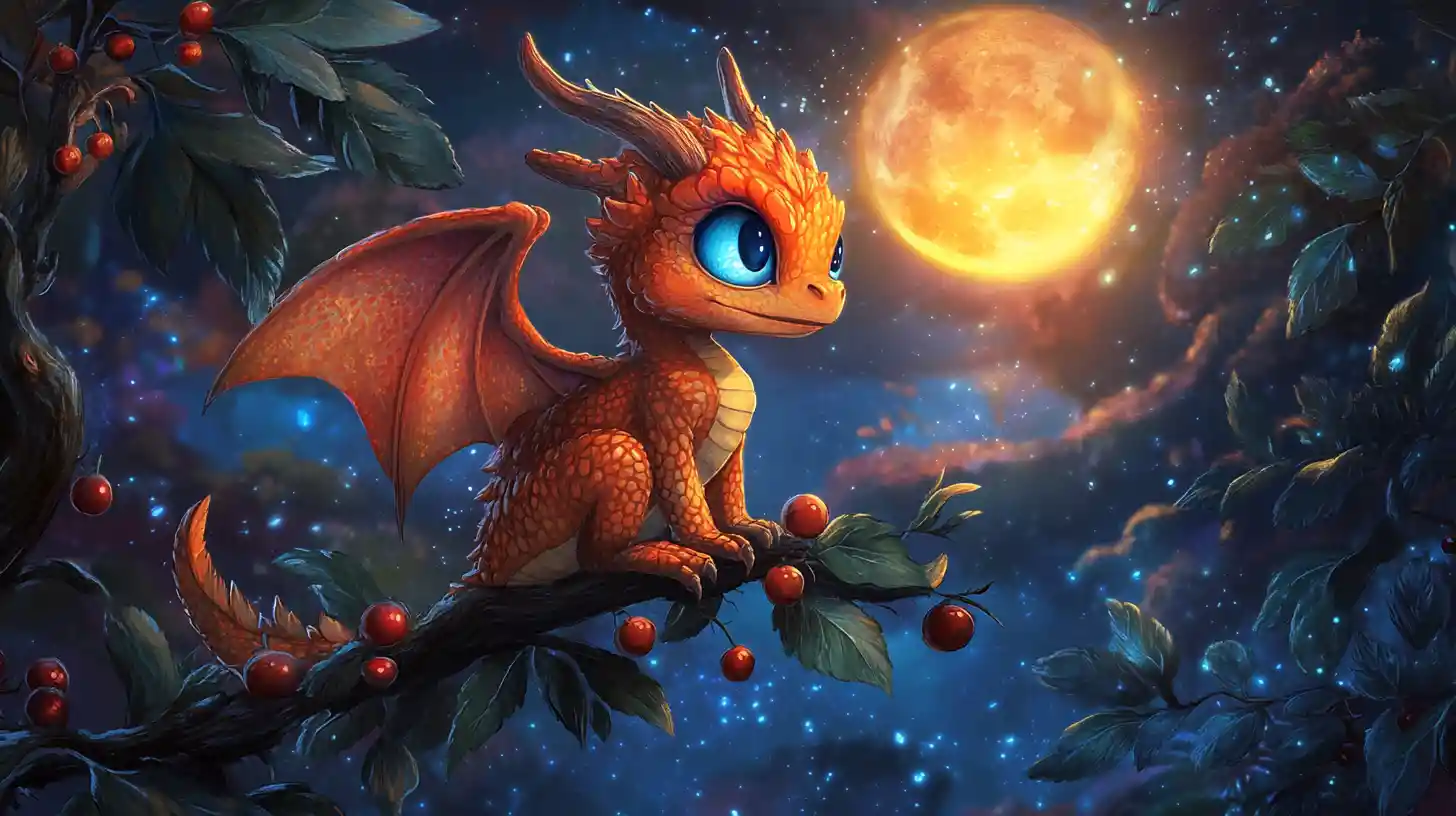 Dolce cucciolo di drago su ramo di bacche sotto la luna luminosa