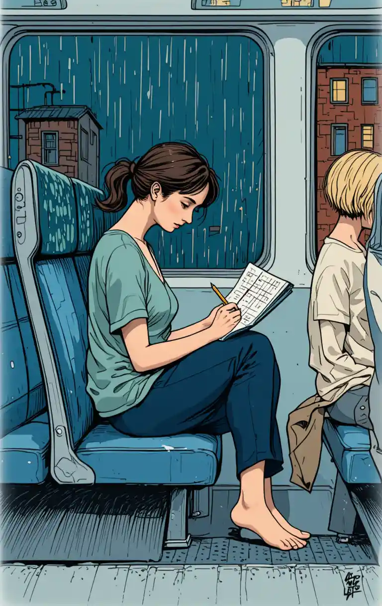 Giovane donna che risolve un sudoku su un tranquillo treno notturno
