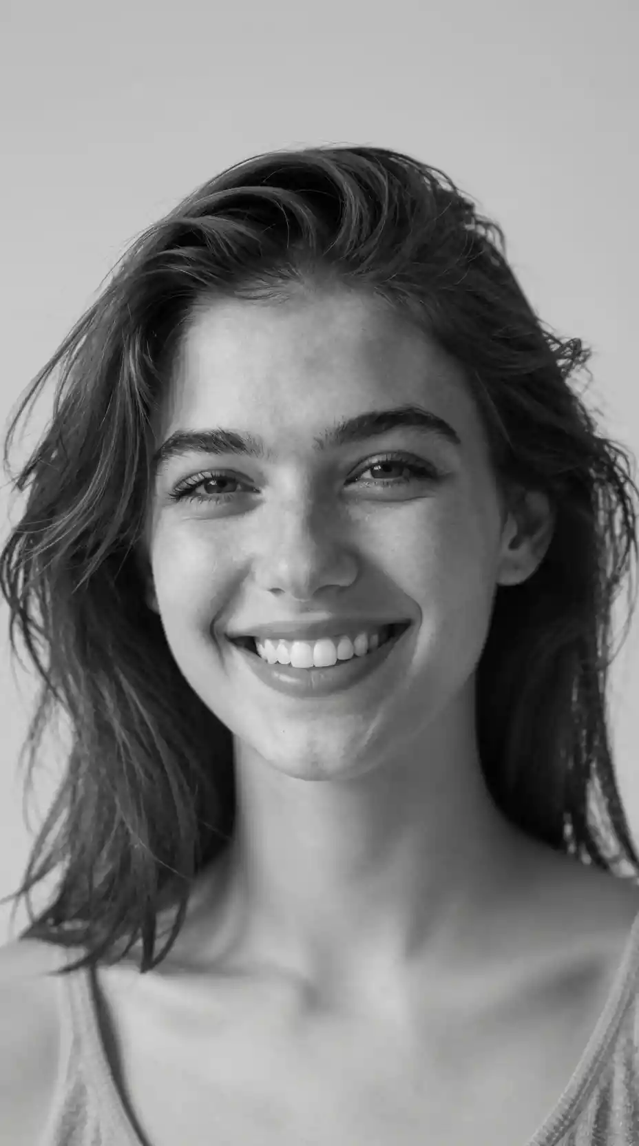Ritratto in bianco e nero ravvicinato con sorriso radioso