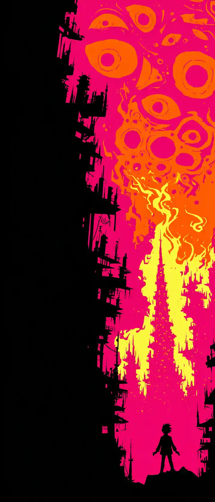 Anime figure on spire above burning futuristic city
