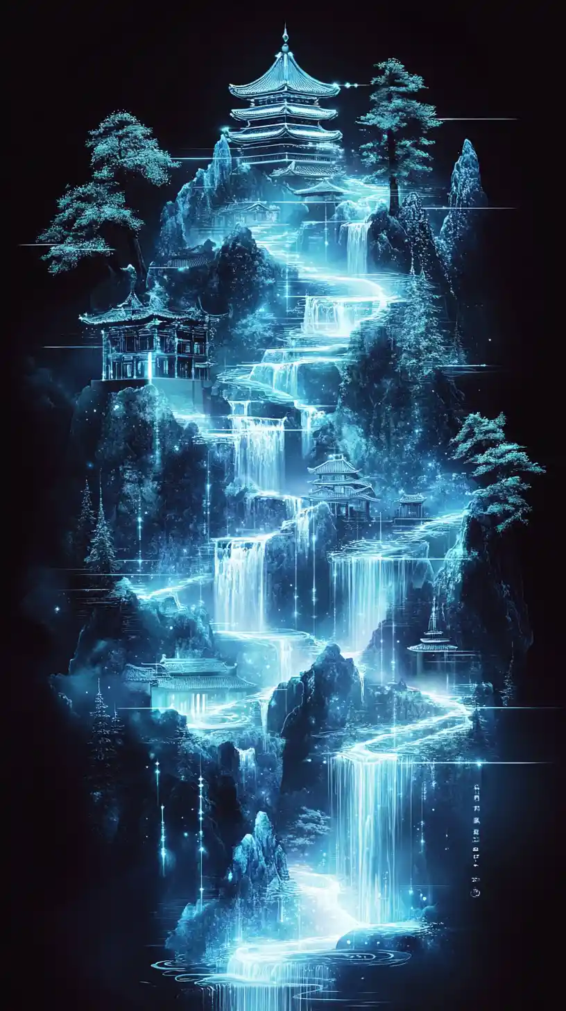 Glowing Mountain Pagodas Unfolding From Crystal Scroll