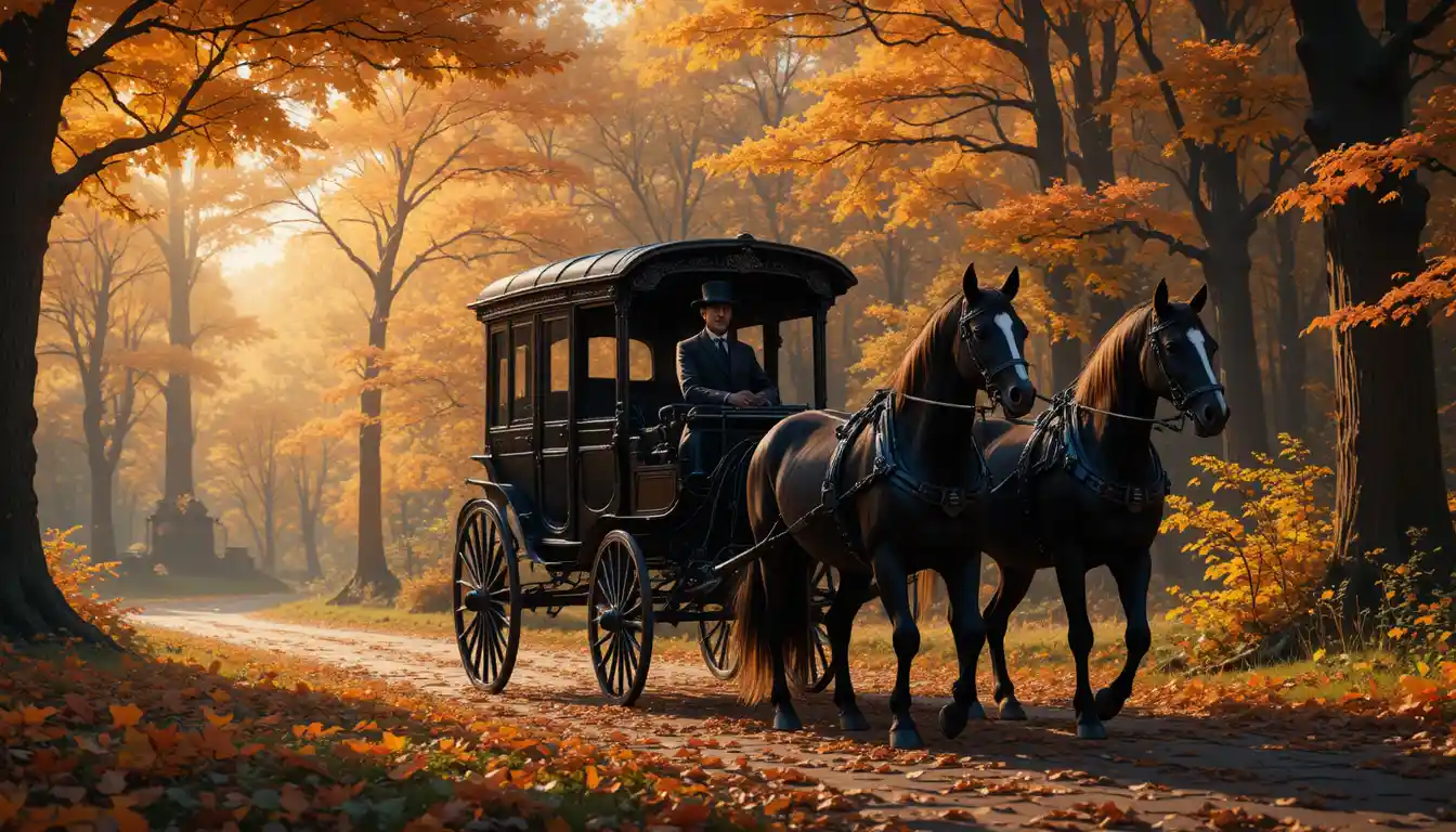 Black horse carriage on an autumn forest path at dusk