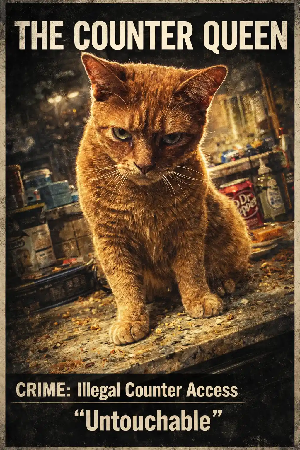 Cinematic poster of smug cat on messy kitchen counter