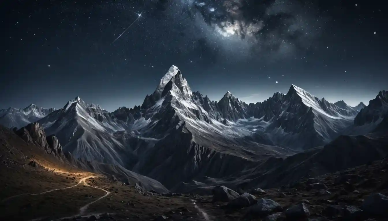 Cinematic mountain range beneath a silver moonlit starry sky