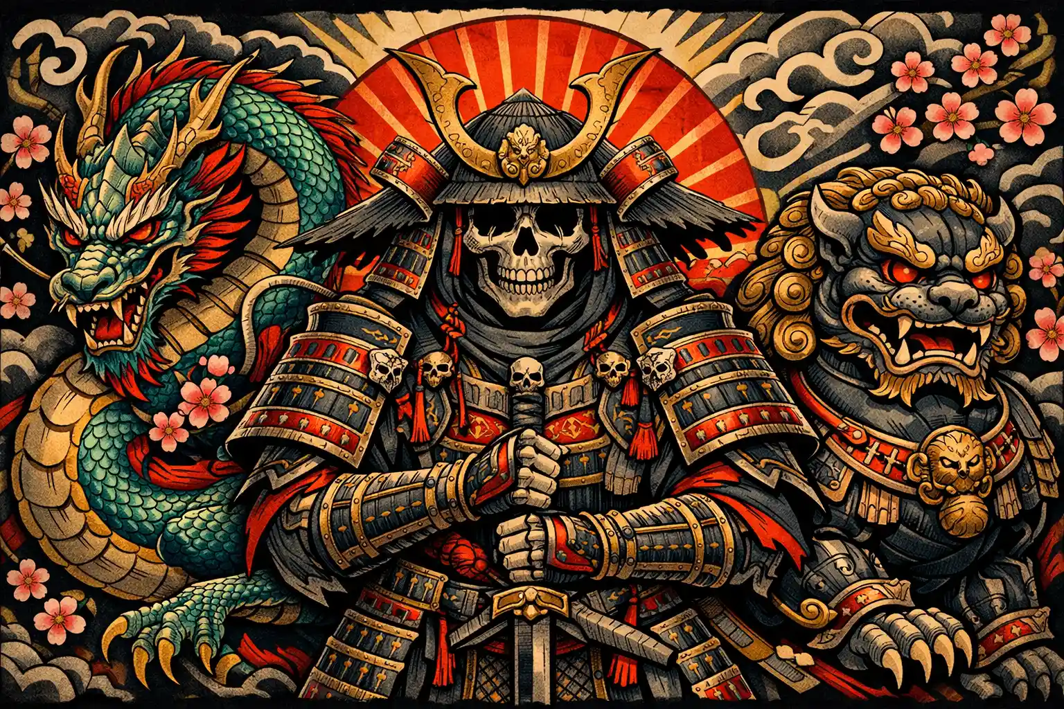Armored dead ronin with dragon and foo dog banner illustration